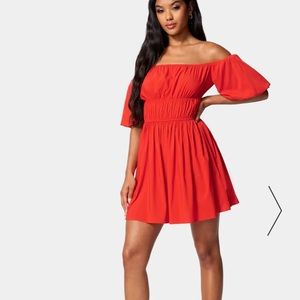 Bebe PUFF SLEEVE TIERED POPLIN FLARE Dress